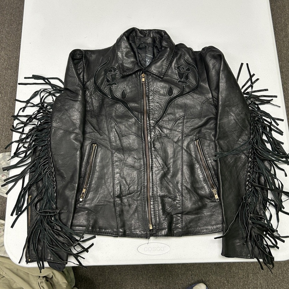 Unbranded Leather Fringe Jacket Womens M Black Rose Applique Biker Western D3
